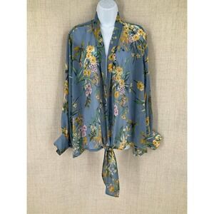 Pleione Floral Chiffon Tie Front Wrap Top Sz M Romantic Boho Whimsical NEW
